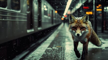 Fox Walking Through Snowy Train Station Urban Setting Wildlife Photography Winter Environment Ground Level View Unique Encounter
