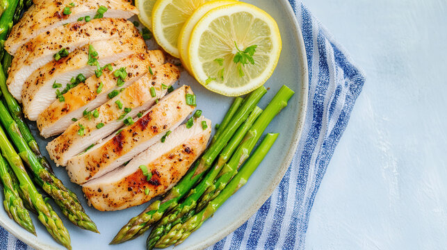 Baked chicken fillet, turkey. sports nutrition. Nutriologist. Deliciously arranged sliced chicken with asparagus and lemon garnishes on a blue striped plate during a bright dining experience