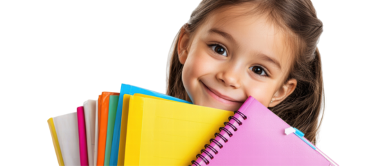 Happy schoolgirl holding colorful notebooks and smiling brightly