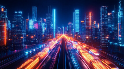 Fototapeta premium A futuristic cityscape at night, illuminated by vibrant neon lights and autonomous vehicles leaving behind glowing motion trails. Sleek skyscrapers with vertical gardens add a touch of sustainability.