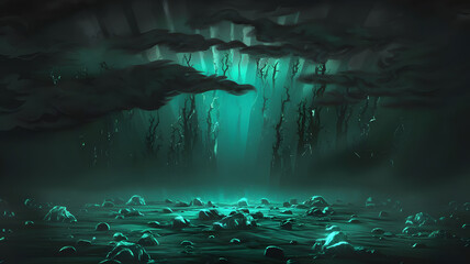 Eerie Glow in the Depths: A mysterious and otherworldly landscape unfolds in this digital artwork, where an ethereal green glow emanates from beneath an oppressive cloud cover.