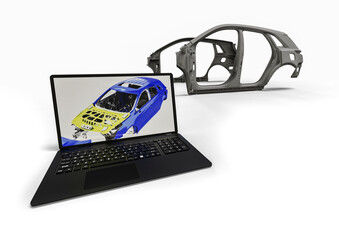 3D render of a laptop with a car parts representing car development process