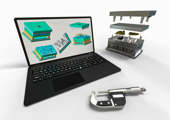 3D rendering representing an plastic injection mold development with the help of the 3d software and computer