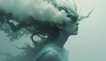 Serene Woman with Clouds in Hair Dreamlike Whimsical Fantasy Art Portrait