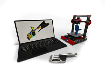3D rendering representing a 3D printed product with the help of the 3D software, 3D printer, laptop and a prosthetic hand 