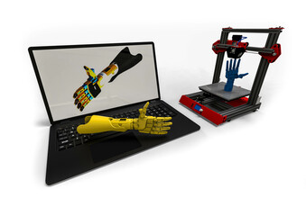 3D rendering representing a 3D printed product with the help of the 3D software, 3D printer, laptop and a prosthetic hand 
