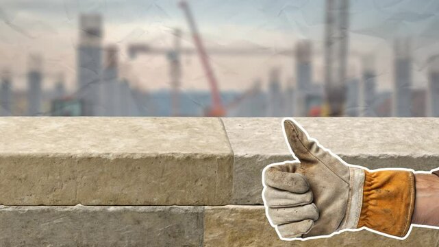 Rows of even hewn stones fall from above and form a wall, on the right a mitten shows a thumbs up. Building concept. Empty space for text. Smooth animation on color paper background