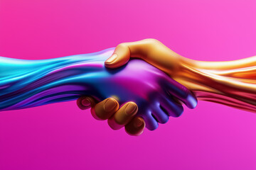 Two stylized hands shake, symbolizing unity and collaboration. Bright colors create a dynamic visual against a pink backdrop, showcasing modern artistry and teamwork