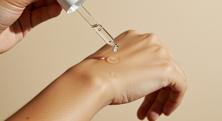 Hand with dropper applying serum on skin. Skincare serum drop on hand