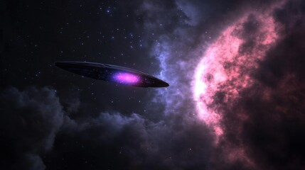 Fototapeta premium Mysterious Spaceship Above Colorful Cosmic Clouds in Outer Space