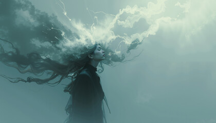Ethereal Woman with Flowing Hair and Cloudy Dreamlike Atmosphere
