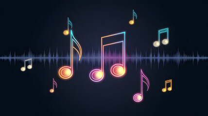 Neon Music Notes: A vibrant and energetic abstract illustration of neon music notes soaring against a dark background, creating a visual representation of sound and rhythm. 