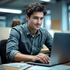 A 20's young man office worker who works while looking at a laptop in the office, a man with dark brown hair and a very slight smile. The background of the office is simple and the best place to work