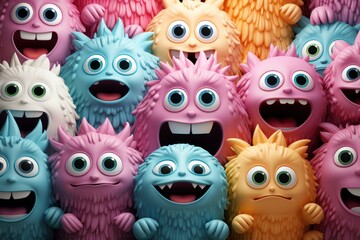 Fototapeta premium Happy fluffy monsters crowd cheer; 3D render, digital art, kids