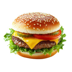 A cheeseburger with melted cheese, lettuce, tomato, and a sesame seed bun. png transparent