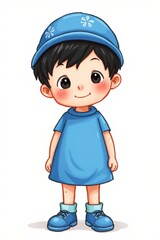 cartoon boy in blue dress and hat standing with hands in pockets