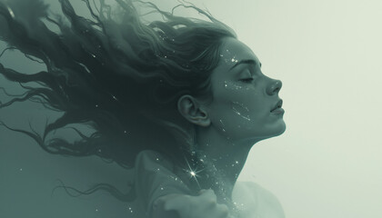 Ethereal Woman with Flowing Hair Serene Portrait Mystical Art Digital Painting