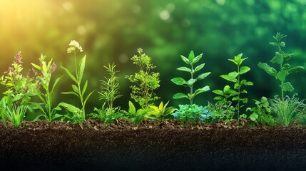 A garden with various plants in different stages of growth, symbolizing the evolution of plant life in a natural setting.