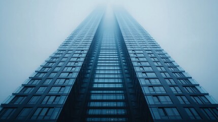 Tall modern skyscraper disappearing into fog, showcasing urban architecture and mood