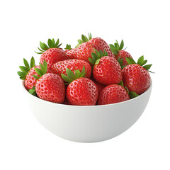 A white bowl filled with fresh, ripe strawberries with green leaves. png transparent