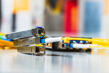 Small Form-Factor Pluggable with Fiber Optic Cable Used for Telecommunication and Data...