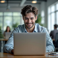 Fototapeta premium A 20's young man office worker who works while looking at a laptop in the office, a man with dark brown hair and a very slight smile. The background of the office is simple and the best place to work