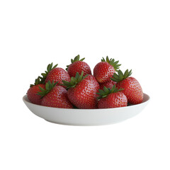 A white bowl filled with fresh, ripe strawberries with green leaves. png transparent