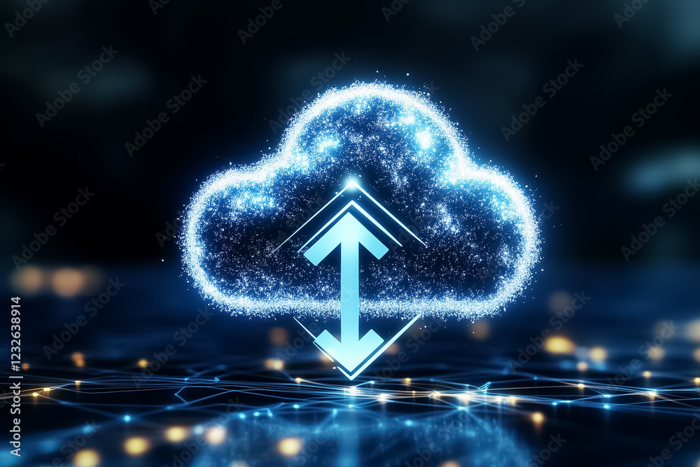Poster a glowing white cloud showcases a digital upload arrow signifying cloud storage technology. the back