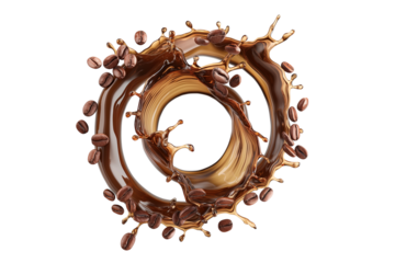 png  coffee with coffee beans  splash drop fly with saucer and spoon for mock up on transparent background,	generate ai