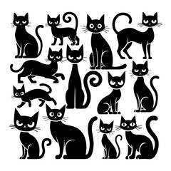 Set of black cat silhouettes.