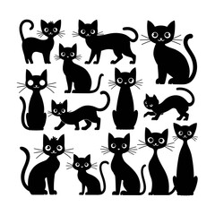 Set of black cat silhouettes.