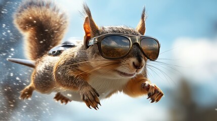 Obraz premium Squirrel Soars in Private Jet High in the Sky Whimsical Scene Sunny Environment Playful Concept