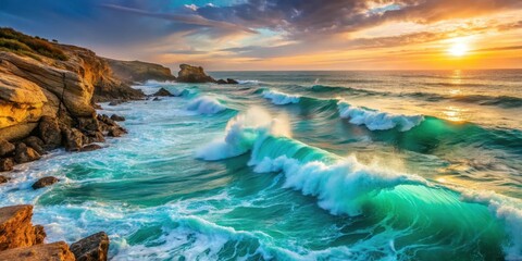 Fototapeta premium Turquoise ocean waves crashing against a rugged coastline at sunset, water, sunset, water