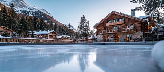 Mountain chalet village frozen lake winter postcard