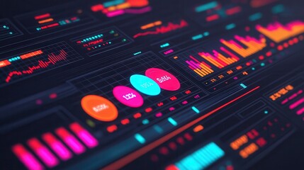 Obraz premium E-commerce+success story. Futuristic data visualization with vibrant graphs and charts.