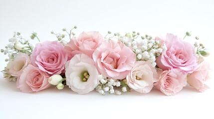Floral corner arrangement of pink roses, eustoma, and gypsophila flowers in soft pastel tones, ideal for creating elegant, gentle designs for invitations or decor. -