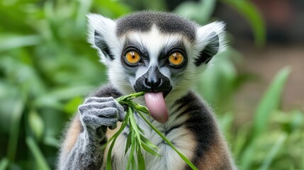 Obraz premium Ring-tailed lemur eating grass with tongue out.