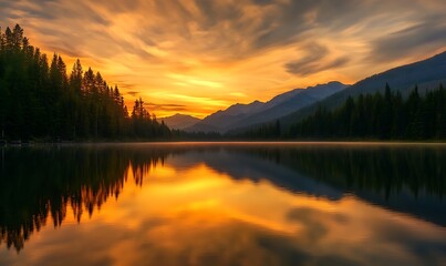 Obraz premium Serene lake at sunset, reflecting vibrant colors against a mountainous backdrop.