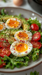 Useful Breakfast Keto Diet Fresh salad topped with avocado, soft-boiled eggs, and cherry tomatoes served on a white table, perfect for a healthy meal anytime