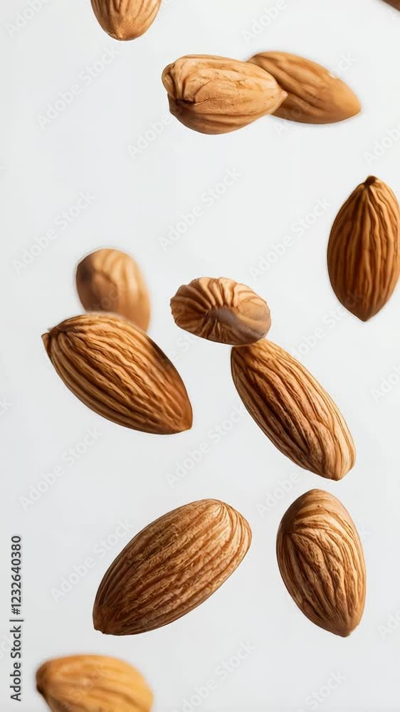 Aufkleber Many almonds levitating on a white background, creating an interesting visual effect and highlighting the concept of healthy eating and natural snacks