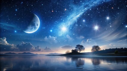 Celestial scene with stars and moon above a serene landscape at night, night scene, sky,  night scene, sky, moon