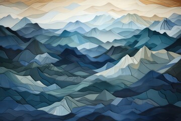 Obraz premium Abstract Blue Mountain Range, Sunrise Sky, Paper Art, Wall Decor