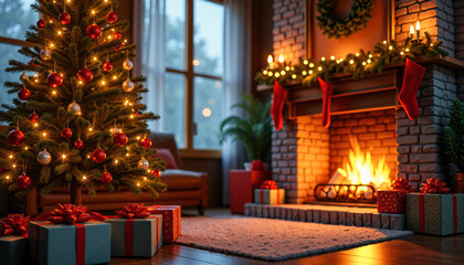 Festive Christmas Decor Lit Tree Fireplace Gifts Cozy Winter Home Scene