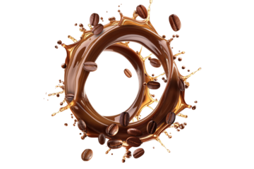 png  coffee with coffee beans  splash drop fly with saucer and spoon for mock up on transparent background,	generate ai