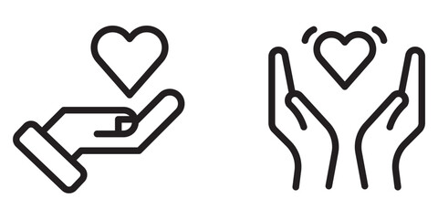 Vector set of hands holding heart icons, representing care, charity, and love. Editable stroke.
