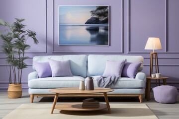 Obraz premium Lavender-walled living room with light blue sofa, coastal art, and wooden coffee table