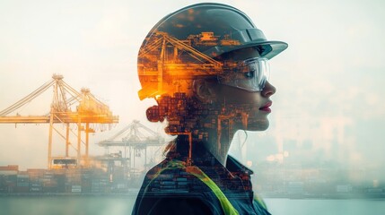 Female engineer, port, cityscape, sunset, industry