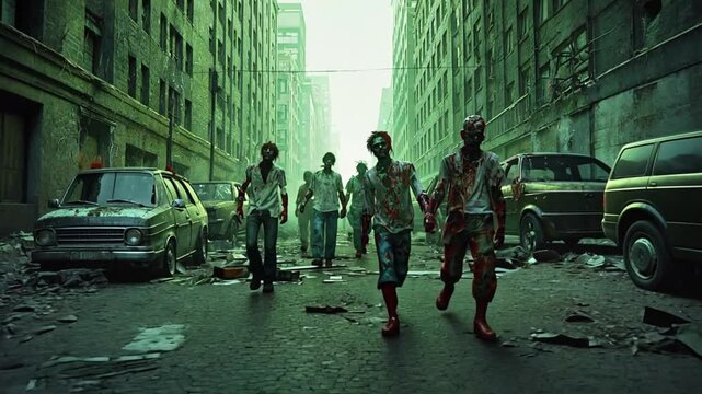 Dark Horror Mystery Danger Hordes of undead, Zombie walking in the abandoned town, Beginning of the zombie apocalypse, Zombie crowd walking