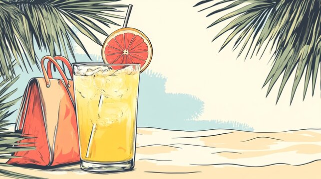 Hand-Drawn Cocktail and Beach Bag Vector Illustration for Summer Prints and Designs