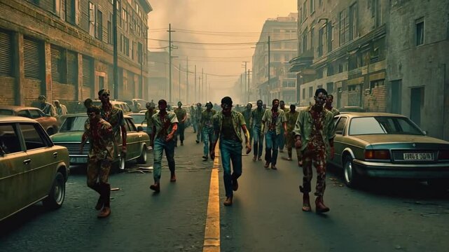 Dark Horror Mystery Danger Hordes of undead, Zombie walking in the abandoned town, Beginning of the zombie apocalypse, Zombie crowd walking